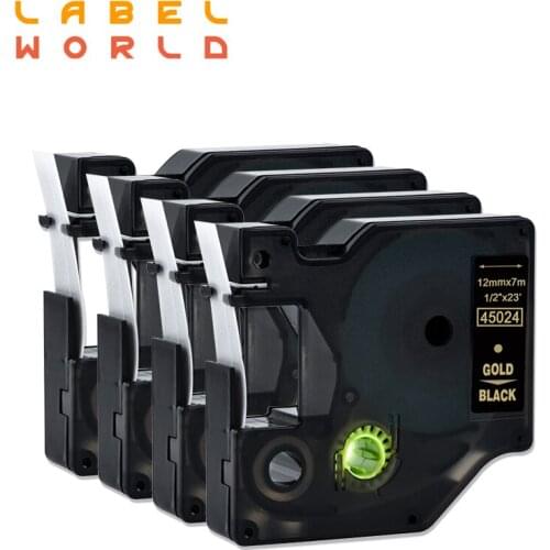 Label World 45024 12mm label tape Compatible Dymo Label manager D1 gold on black Dymo Maker 45024 Label Tape Dymo PNP 4pack
