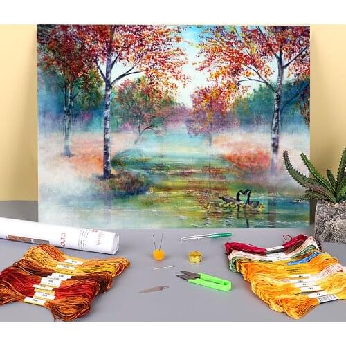 Natural Scenery Misty Morning Pre-Printed 11CT Cross-Stitch Embroidery Set DMC Threads Handicraft Sewing Handiwork Adults