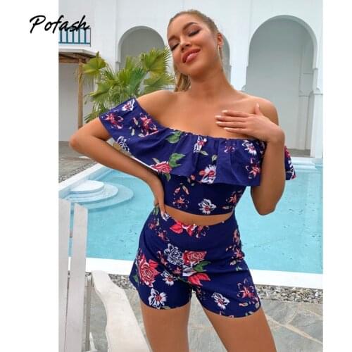 Pofash Off Shoulder Top And Shorts Set Women Clothing Y2k Blue Print Two Pieces Outfits Backless Sexy Summer 2 Pieces Set 2021