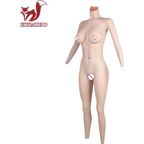 KUMIHO Upgrade skin to texture Crossdressing Bodysuit D Cup Tights Fake Pussy Catsuit With Sleeves And Breast Forms for man 4G