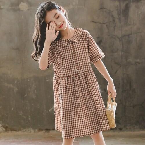 2020 Summer Girls Plaid Dress Cute Cotton Kids Dresses Preppy Style Doll Collar Princess Party Frocks Children School Clothes