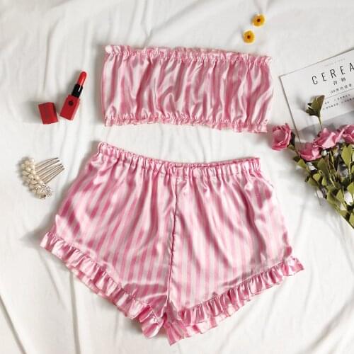 Sweet Sexy Pink Striped 2 Piece Set Lingerie Babydoll Sleepwear Underwear 2021 Summer Women Tube Top+Shorts Nightwear Homewear