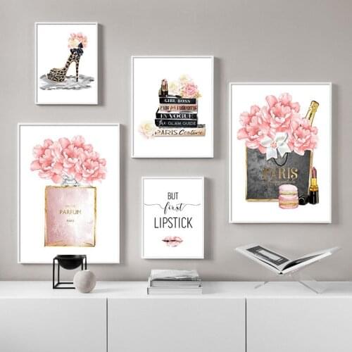 Fashion Pink Floral Perfume Bottle Canvas Painting High Heels Vogue Makeup Posters Girls Room Wall Pictures Beauty Salon Decor