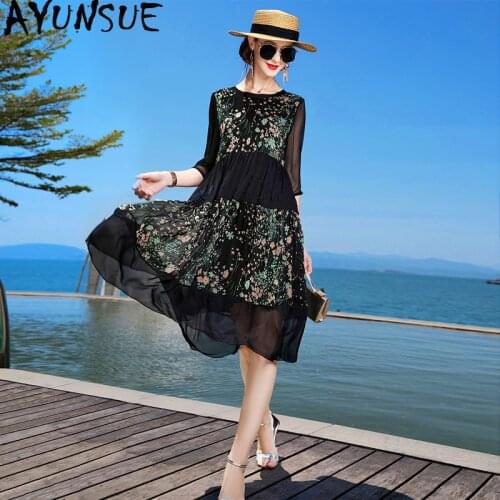 100% Silk Dress Women Summer 2020 Elegant Black Floral Beach Dress Luxury High-end Fashion Dresses for Women Vestido 20555 KJ