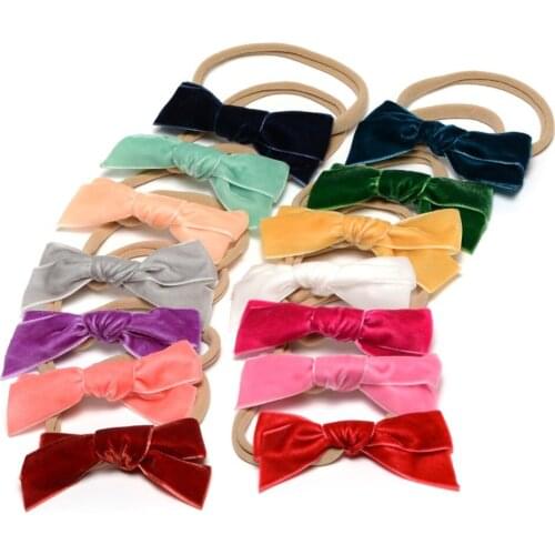 Baby Bow Headband 3.3 Inches Velvet Bows Headdress Stretchy Nylon Headwear for Infants Hair Band 14pcs/lot JFNY079