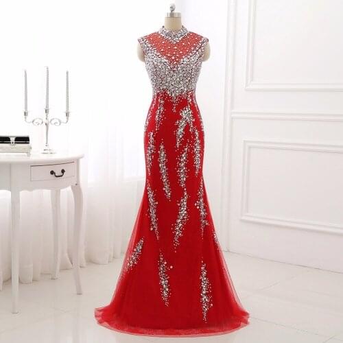 Luxury Lace Evening Dresses Mermaid 2021 New Arrival Beaded Beads Crystal Sexy Sheer Neck Formal Gown