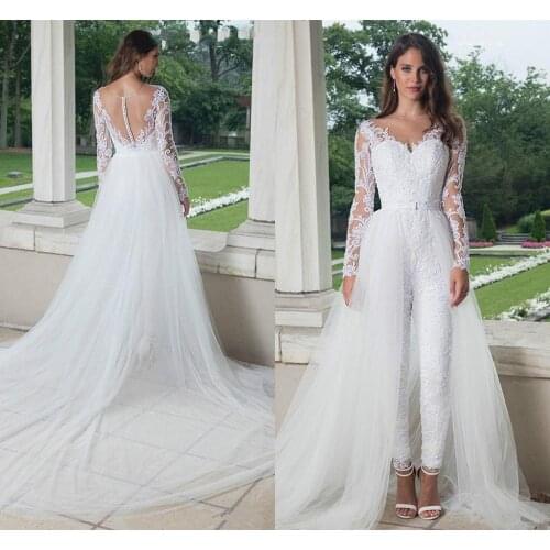 Illusion Long Sleeve Wedding Jumpsuit With Detachable Train 2021 Sheer Jewel Neck Lace Tulle Bride Wedding Dress with Pant Suit