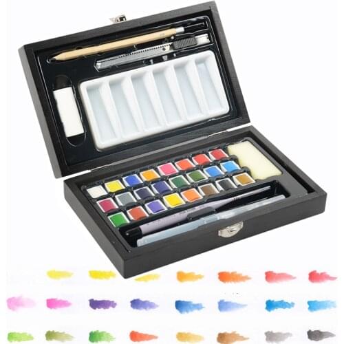 24 Colors Solid Watercolor Paint Set with Water Paint Brush Pigment Watercolor Paints for Painting Art Supplies, Wooden box