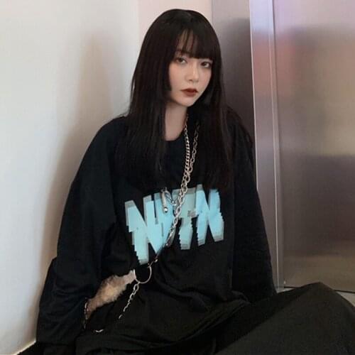 2021 Spring Autumn Hot Sale Korean Style Fuzzy Letter Printing Black Long-Sleeved T-Shirt American Hip Hop Oversized Woman Tops