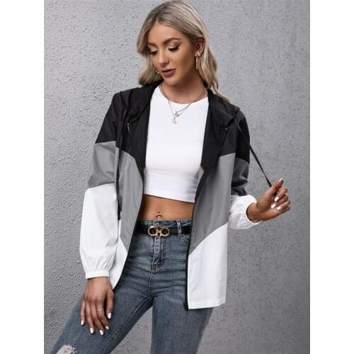 Waterproof Jackets Women Contrast Color Hooded Coat Waterproof Loose Fit Long Sleeve Zip-up Jacket