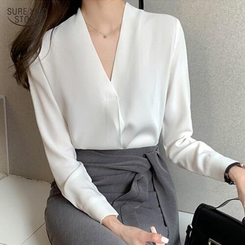 Loose Solid White Thin Chiffon Blouse Autumn Allmatch V-neck Long-sleeve Temperament Shirt Elegant Vintage Office Lady Top 16744