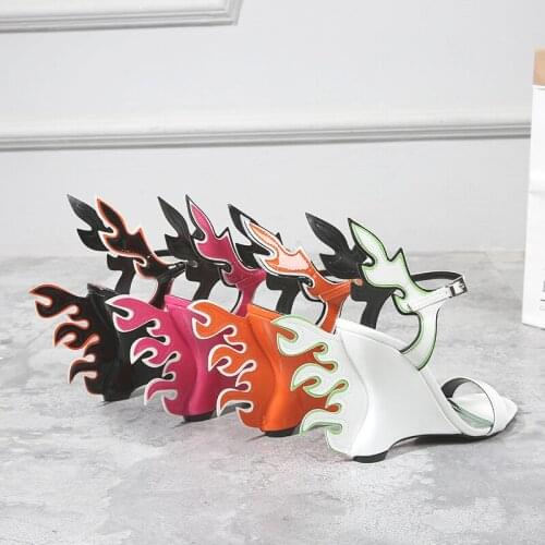 Novel woman flame high wedge summer sandal candy color flame tail wedge sandal woman buckle high wedge sandal flame tail HOT INS