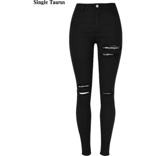 Female Black Pencil Pants Fsahion High Waist Elasticity Slim Skinny Women Knee Hole Tassel Streetwear Classic Denim Legging 2021