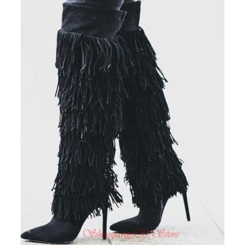Suede leather women tassel designer thin high heel boots pointed toe shoes women concise runway show thigh high over knee boots