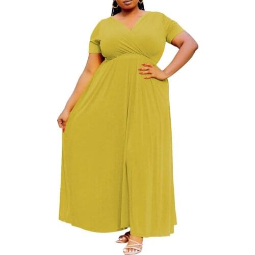 Plus Size Women Clothing Robes L-4XL Fashion Casual Yellow Big Swing Short Sleeve V Neck Long Dress Vestidos Office Work Wear