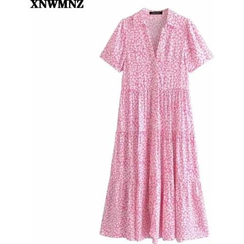 XNWMNZ Women Fashion floral printed panel dress Vintage v-neck short sleeves collared midi dress Female button-up dresses robe