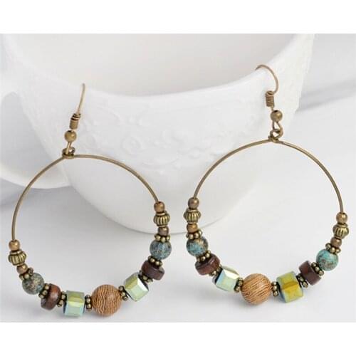 1pair Bohemia Drop Dangle Earrings Ethnic Big Circle Crystal Beads Ear Stud Jewlery