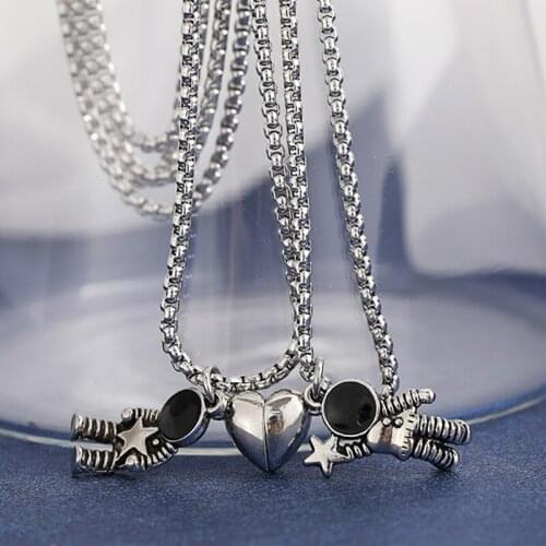 2PCS/Set Creative Magnetic Astronaut Necklace for Couple Lover Women Men Matching Valentine Long Spacemen Sweater Chain Jewelry