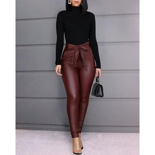 2020 Fashion Womens PU Leather High Waist Pants Stretchy Skinny OL Pencil Trousers