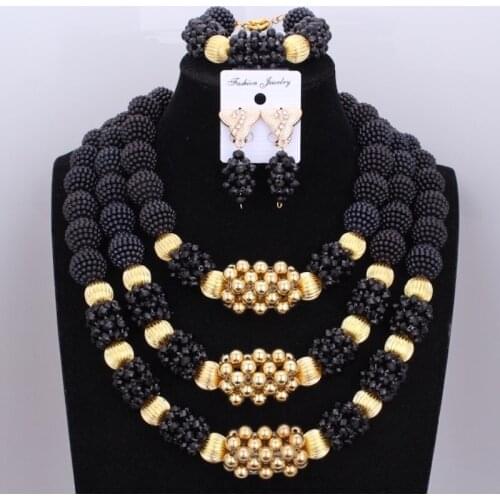 African Beads Nigerian Wedding Jewelry Sets Black Brand Necklace Gold Color Balls Jewelry Sets Free Shipping 2018 Bridal Jewelry