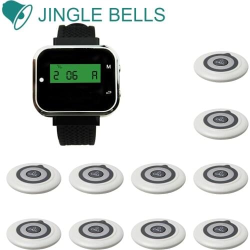 JINGLE BELLS wireless restaurant calling systems 10 transmitters+1 watch pager/guest waiter calling buttons customer call system