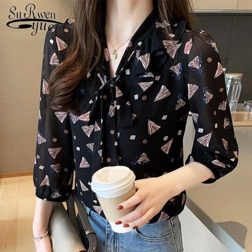 Blusas mujer de moda 2021 ladies tops for womens tops and blouses black shirts chiffon blouse Three Quarter Bow female 5594 50