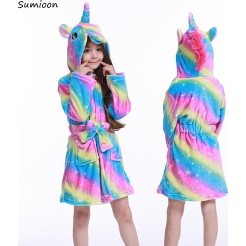 Winter Kids Bathrobe Animal Cartoon Unicorn Bath Robe Cute Hooded Bathrobes For Children Flannel Pajamas Boys Girls Robes