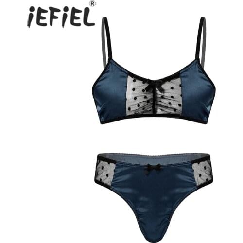 Men Sheer Mesh Patchwork Lingerie Suit Adjustable Spaghetti Strap Bra Crop Top with Underwear Exotic Sets Night Party Wear