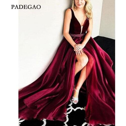 Elegant 2019 Burgundy A Line V Neck Evening Dresses Split Side Sequins Sleeves Prom Evening Gowns Long Beads Sash