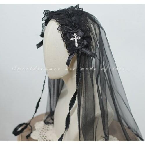 Gothic Lolita lace headband cross headwear bow hairpin Vintage flowers veil cosplay accessory