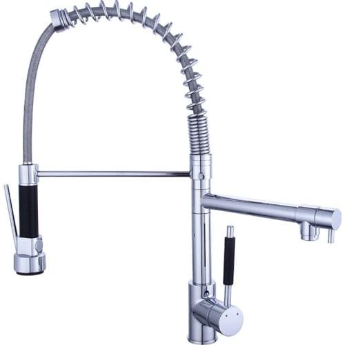 Chrome Basin Kitchen Faucets Pull out Side Sprayer Dual Spout Basin Mixer Kitchen Tap Long Single Handle 360 Rotation Faucet