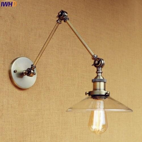 IWHD Brass Retro LED Wall Light Fixtures Home Lighting Bedroom Glass Lampshade Apliques Pared Vintage Wall Lamp Long Arm Loft