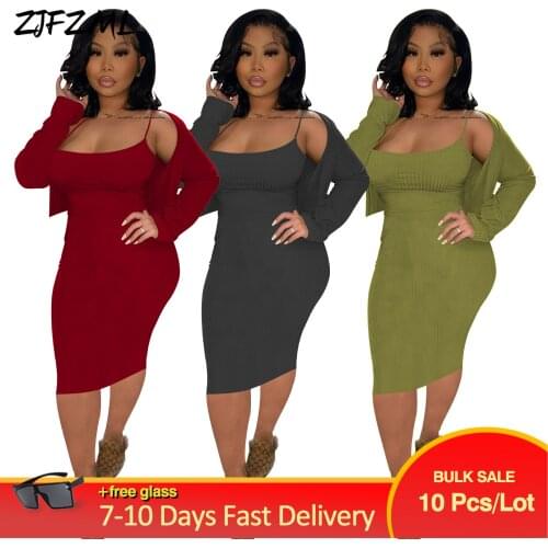 Bulk Items Wholesale Lots Chic 2 Piece Dress Suits Women Spaghetti Strap Ribbed Bandage Dress Office Lady Short Coat Vintage