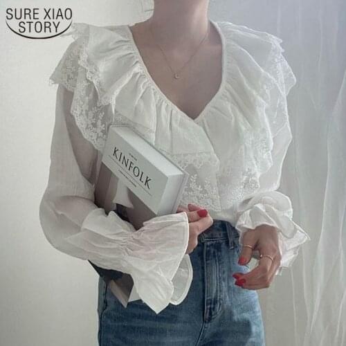 Ruffled V-neck Lace Shirt Women Korean Sweet Long Sleeve Women Tops and Blouse Office Lady Style Flare Sleeve Top Female 13976
