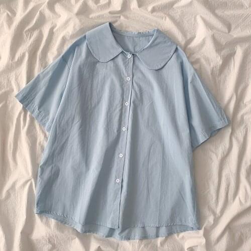 Sweet Girls 2021 Summer Korean Blouse Shirts Women Preppy Style Peter Pan Collar Short Sleeve Cute Loose Blusas Female Tops