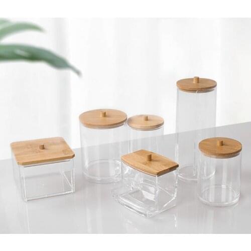 Multifunction Transparent Organizer Cosmetices Cotton Swab Kitchen Seasoning Storage Box with Bamboo Cover DIN889