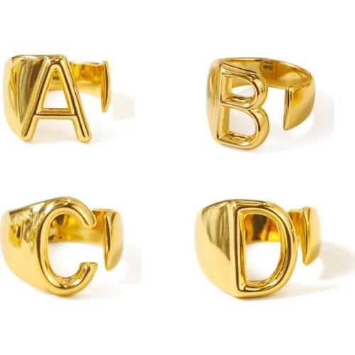 Fashion Gold Color High Polish Glossy Open-Cuff 26 English Letters PM Last Name Ring Women For Finger Knuckle Jewelry
