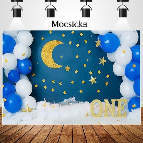 MOCSIKA Blue Boy 1st Birthday Backdrops for Photography Ballon Golden Stars Decor Cake Smash Photocall Background Photo Studio