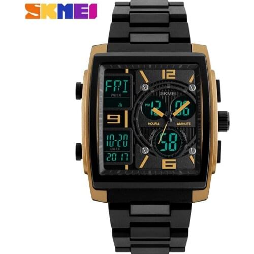 2020 New SKMEI Luxury Men Watches Man Analog Quartz Electronic Watch Black Steel Band Dual Display Waterproof Wristwatches