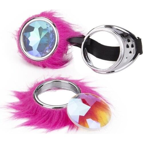 Steampunk Goggles Pink Fluff Frame Desgin Punk Kaleidoscope Rave Rainbow Crystal Lenses Steampunk Goggles Festival Party Eyewear