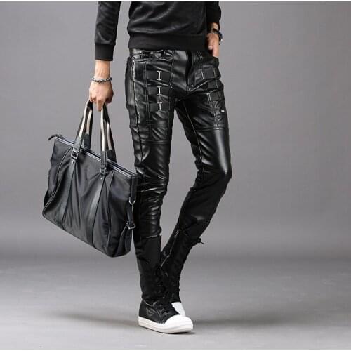 2020 Autumn Winter Slim Mens Pu Thickening Warm Casual Tight Leather Pants Korean Small Pencil Pants Men Slim Fashion Trousers