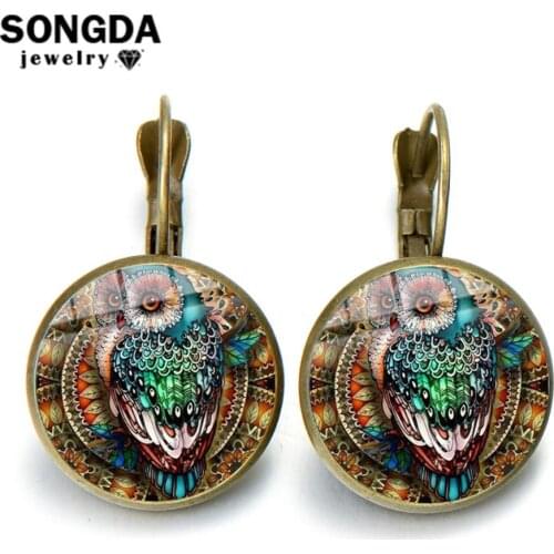 SONGDA Steampunk Charm Owl Earrings Vintage Bronze Silver Color Metal Animal Earrings Art Picture Glass Cabochon Jewelry Brincos
