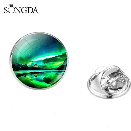 Romantic Green Aurora Borealis Brooches Colorful Northern Lights Forest Scene Glass Photo Cabochon Clasp Pins Badges 2019