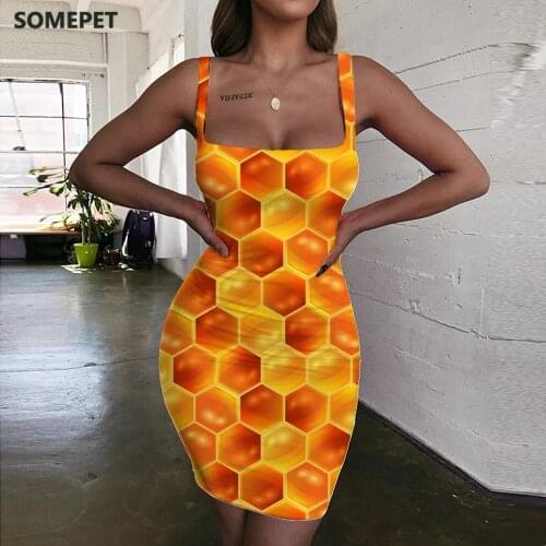 SOMEPET Honeycomb Dress Women Gold 3d Print Novel Halter Sleeveless Harajuku Vestido Sexy Womens Clothing Club New Beach Femme