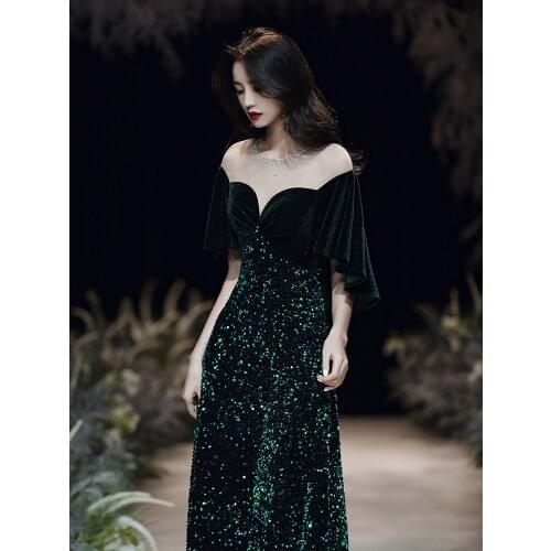 Ukraine Hot Sale Winter Lanon A-line Half Ruffles Maxi Dress Women Dress 2020 New Banquet Party Fashion Glitter Noble Long Dark