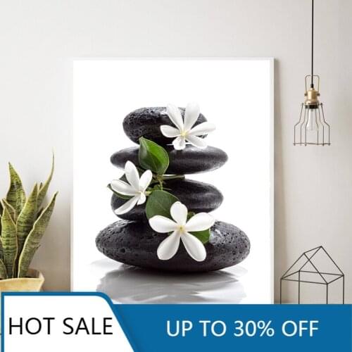 Zen Meditation Wall Art Canvas Painting Poster Print Health Balance Walll Picture Stones and White Flowers Nature Living Room De