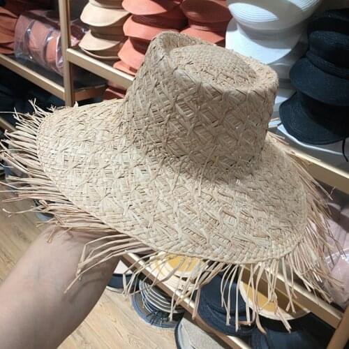 202008-TAIY238 ins design handmade raffia grass tassels brim holiday lady sun cap women beach leisure hat