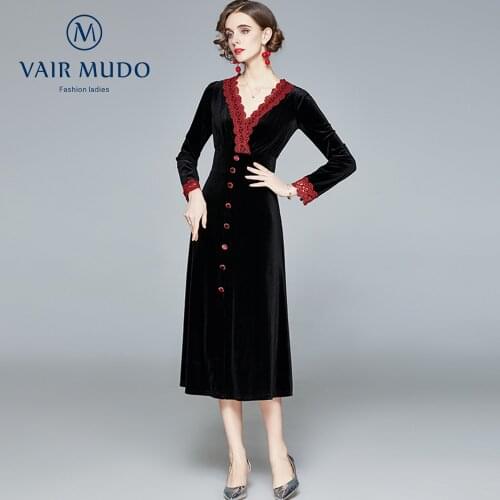 VAIR MUDO New Retro Long Dress Elegant Waist Thin And Ladies Velvet Lace Stitching Women Office Lady Spring Autumn Female Y-3