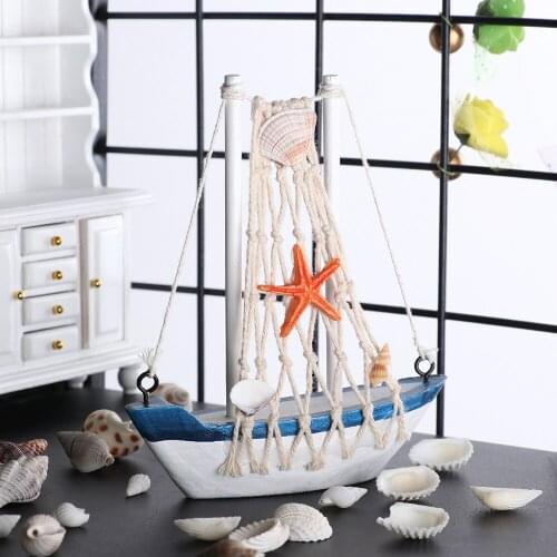 1PC Marine Nautical Wooden Blue Sailing Boat Ship Wood Crafts Ornaments Vintage Mediterranean Style Party Home Room Decoration