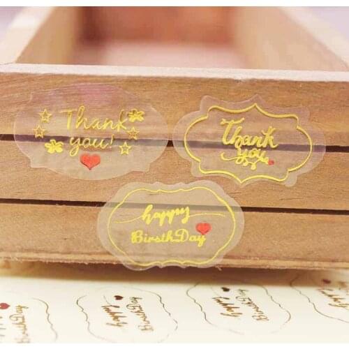 100PCS PVC Transparent HANDMADE sticker label tag DIY Thank You self adhesive label Golden Happy birthday label tag